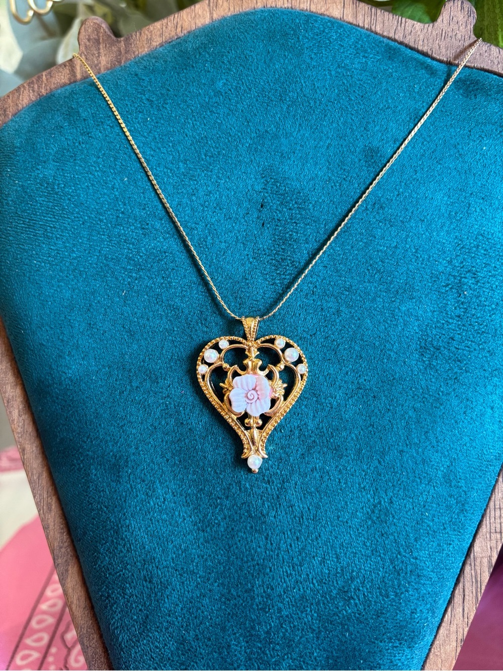 Vintage Avon Gold Heart Pendant Necklace with Pink Floral and Faux Pearls